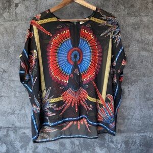 🪶 Vintage-Inspired Sheer Poncho Feather Print Top | Meling | Oversized Fit